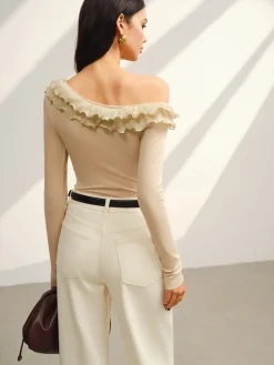 COMMENSE Tops^Asymmetrical Neck Lettuce Trim Jersey Top Apricot