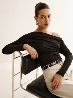 COMMENSE T-shirts|Tops^Asymmetrical Neck Pleated Long Sleeve Top Black