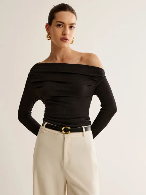 COMMENSE T-shirts|Tops^Asymmetrical Neck Pleated Long Sleeve Top Black