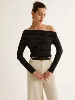 COMMENSE T-shirts|Tops^Asymmetrical Neck Pleated Long Sleeve Top Black