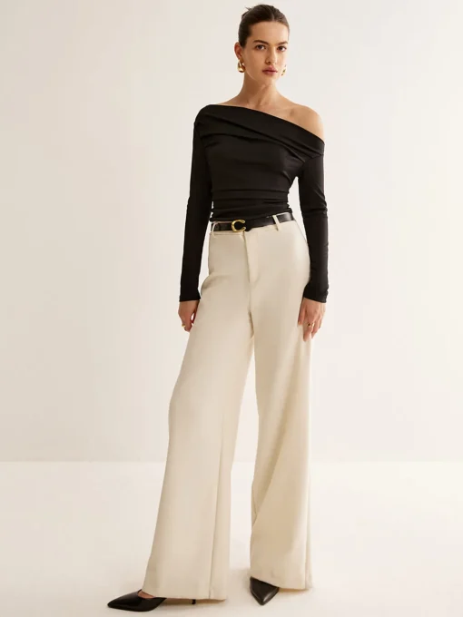 COMMENSE T-shirts|Tops^Asymmetrical Neck Pleated Long Sleeve Top Black