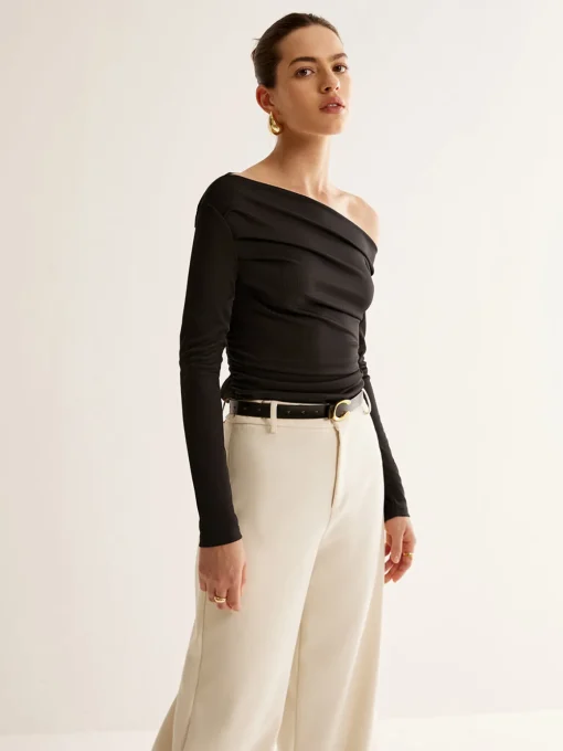 COMMENSE T-shirts|Tops^Asymmetrical Neck Pleated Long Sleeve Top Black