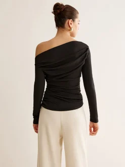 COMMENSE T-shirts|Tops^Asymmetrical Neck Pleated Long Sleeve Top Black