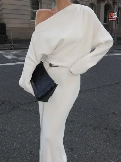 COMMENSE White Dresses|Black Dresses^Asymmetrical Off Shoulder Solid Long Sleeve Maxi Dress White