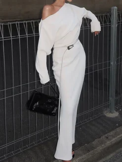 COMMENSE White Dresses|Black Dresses^Asymmetrical Off Shoulder Solid Long Sleeve Maxi Dress White