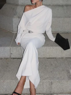 COMMENSE White Dresses|Black Dresses^Asymmetrical Off Shoulder Solid Long Sleeve Maxi Dress White