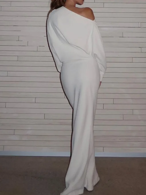 COMMENSE White Dresses|Black Dresses^Asymmetrical Off Shoulder Solid Long Sleeve Maxi Dress White
