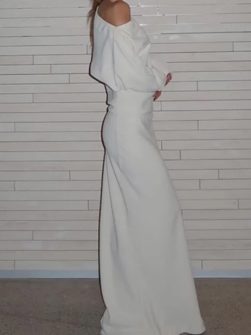 COMMENSE White Dresses|Black Dresses^Asymmetrical Off Shoulder Solid Long Sleeve Maxi Dress White