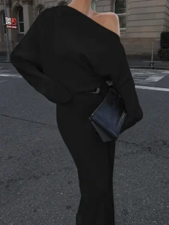 COMMENSE White Dresses|Black Dresses^Asymmetrical Off Shoulder Solid Long Sleeve Maxi Dress White