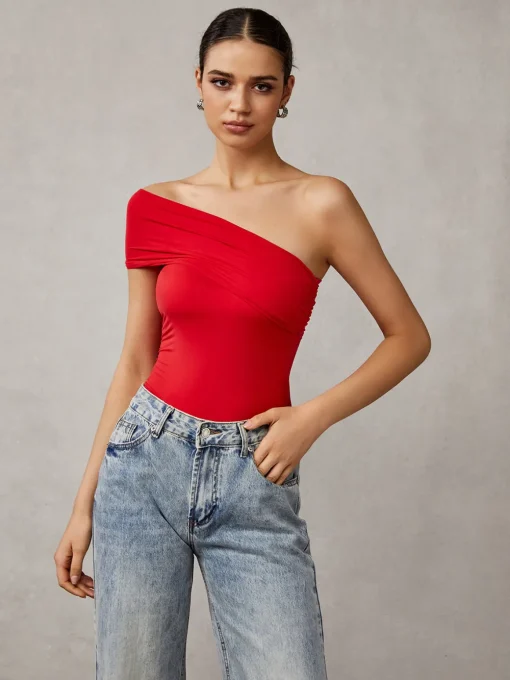 COMMENSE T-shirts|Tops^Asymmetrical One Shoulder T-Shirt Red