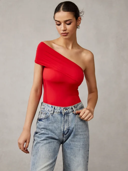 COMMENSE T-shirts|Tops^Asymmetrical One Shoulder T-Shirt Red