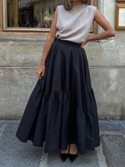 COMMENSE Skirts|Bottoms^Asymmetrical Pleated Maxi Skirt Black