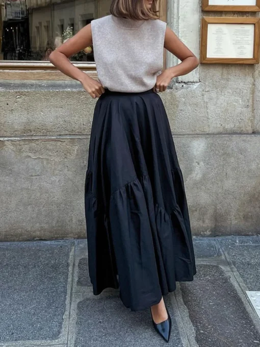 COMMENSE Skirts|Bottoms^Asymmetrical Pleated Maxi Skirt Black