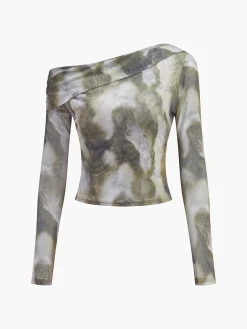 COMMENSE Crop Tops|Blouses & Shirts^Asymmetrical Printed Crop Mesh Top Multicolor