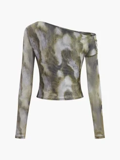 COMMENSE Crop Tops|Blouses & Shirts^Asymmetrical Printed Crop Mesh Top Multicolor
