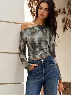 COMMENSE Crop Tops|Blouses & Shirts^Asymmetrical Printed Crop Mesh Top Multicolor