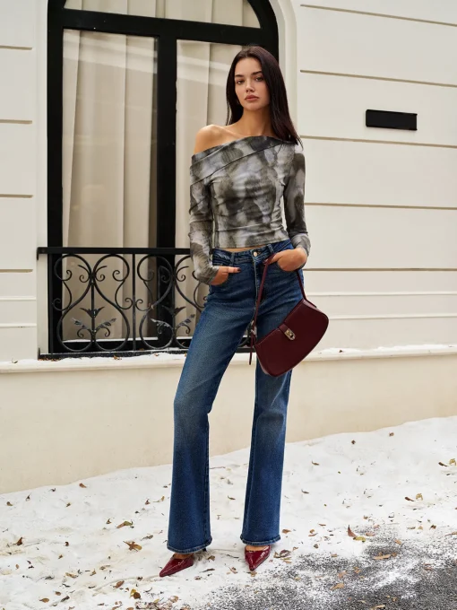 COMMENSE Crop Tops|Blouses & Shirts^Asymmetrical Printed Crop Mesh Top Multicolor