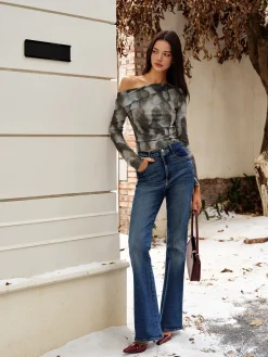 COMMENSE Crop Tops|Blouses & Shirts^Asymmetrical Printed Crop Mesh Top Multicolor