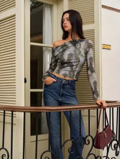 COMMENSE Crop Tops|Blouses & Shirts^Asymmetrical Printed Crop Mesh Top Multicolor