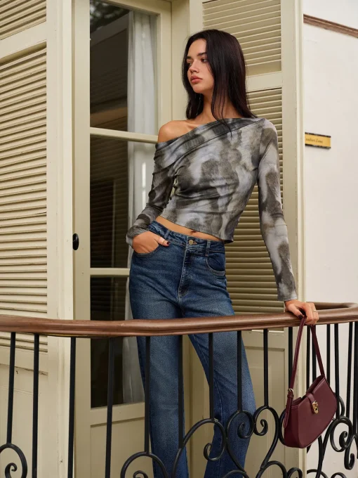 COMMENSE Crop Tops|Blouses & Shirts^Asymmetrical Printed Crop Mesh Top Multicolor