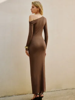 COMMENSE Dresses^Asymmetrical Ruched Knotted Jersey Dress Brown