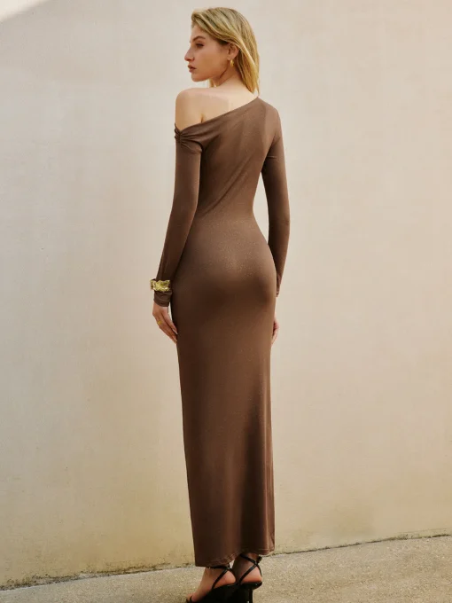 COMMENSE Dresses^Asymmetrical Ruched Knotted Jersey Dress Brown