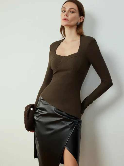 COMMENSE Blouses & Shirts|Tops^Asymmetrical Skinny Blouse Brown