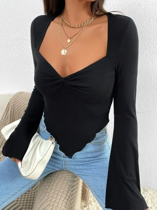 COMMENSE T-shirts|Tops^Asymmetrical Sweetheart Knotted Jersey Top Black