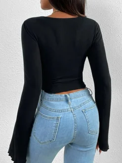 COMMENSE T-shirts|Tops^Asymmetrical Sweetheart Knotted Jersey Top Black