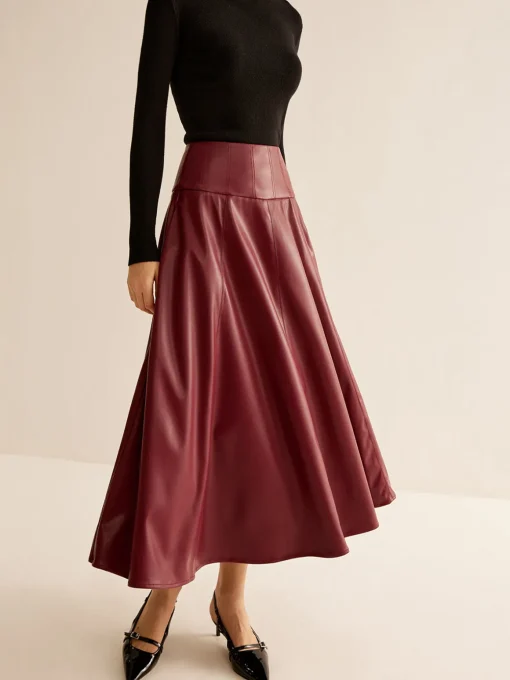 COMMENSE Skirts|Bottoms^Back Zipper Pleated Faux Leather Skirt Burgundy