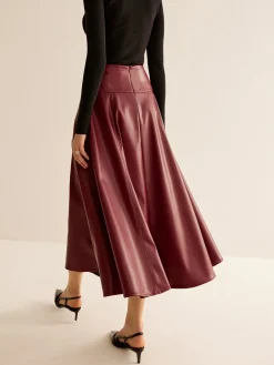 COMMENSE Skirts|Bottoms^Back Zipper Pleated Faux Leather Skirt Burgundy