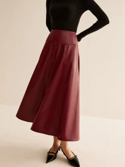 COMMENSE Skirts|Bottoms^Back Zipper Pleated Faux Leather Skirt Burgundy