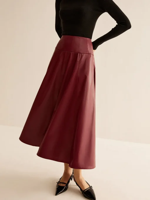 COMMENSE Skirts|Bottoms^Back Zipper Pleated Faux Leather Skirt Burgundy