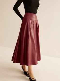 COMMENSE Skirts|Bottoms^Back Zipper Pleated Faux Leather Skirt Burgundy