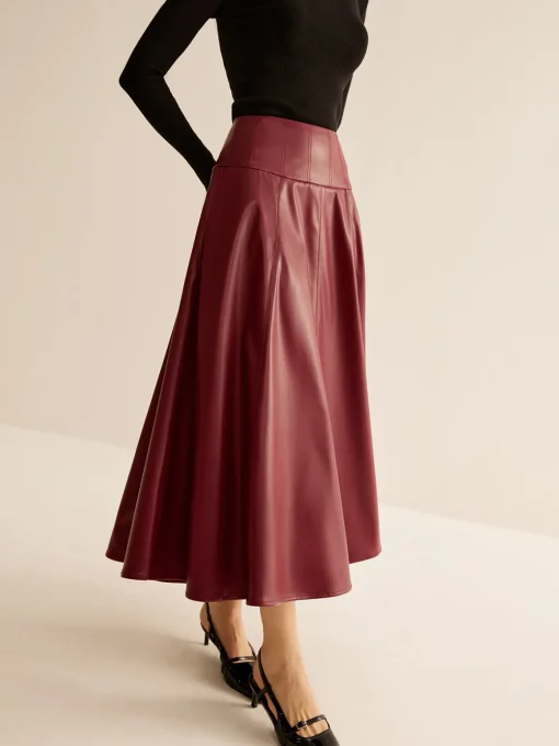 COMMENSE Skirts|Bottoms^Back Zipper Pleated Faux Leather Skirt Burgundy