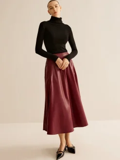 COMMENSE Skirts|Bottoms^Back Zipper Pleated Faux Leather Skirt Burgundy