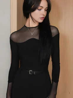 COMMENSE Blouses & Shirts|Tops^Back Zipper Sheer Panel Blouse Black