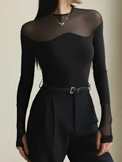 COMMENSE Blouses & Shirts|Tops^Back Zipper Sheer Panel Blouse Black