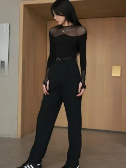 COMMENSE Blouses & Shirts|Tops^Back Zipper Sheer Panel Blouse Black
