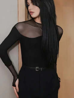 COMMENSE Blouses & Shirts|Tops^Back Zipper Sheer Panel Blouse Black