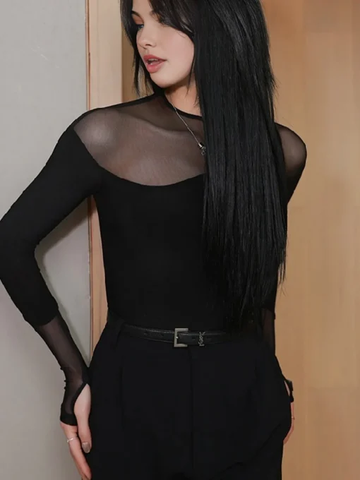 COMMENSE Blouses & Shirts|Tops^Back Zipper Sheer Panel Blouse Black