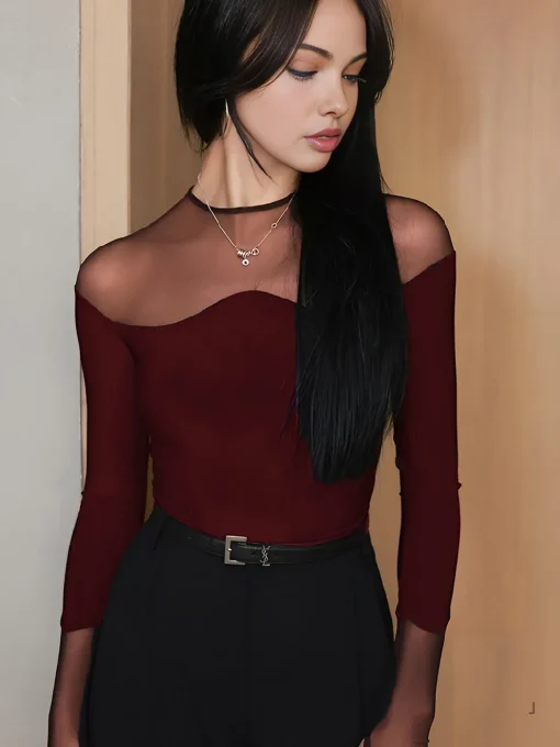 COMMENSE Blouses & Shirts|Tops^Back Zipper Sheer Panel Blouse Black