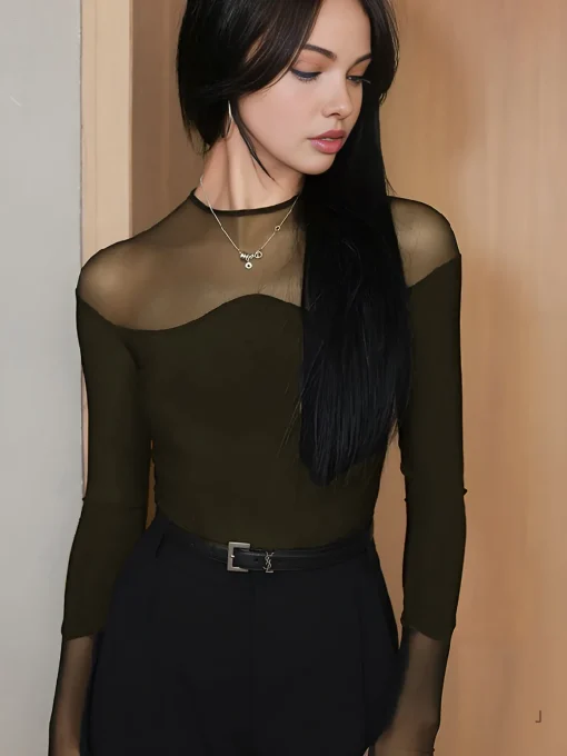 COMMENSE Blouses & Shirts|Tops^Back Zipper Sheer Panel Blouse Black