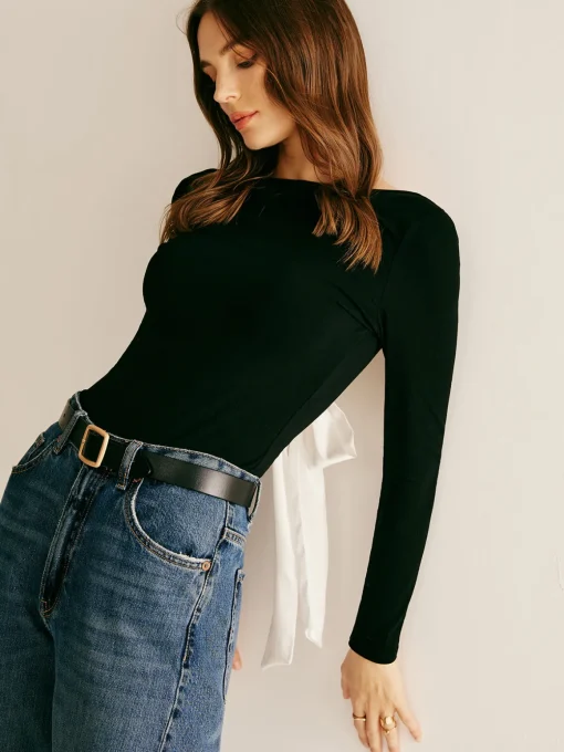 COMMENSE T-shirts|Tops^Backless Long Sleeve Tie T-Shirt Black