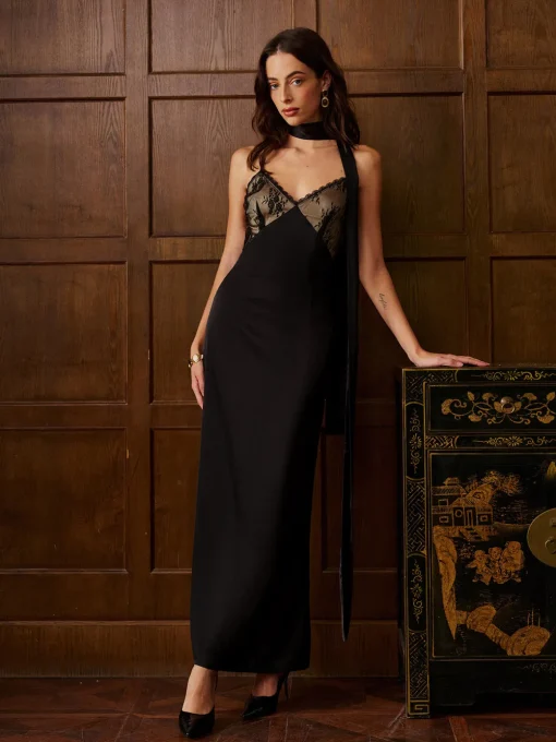 COMMENSE Dresses^Backless Long-Ribbon Lace Panel Satin Cami Dress Black