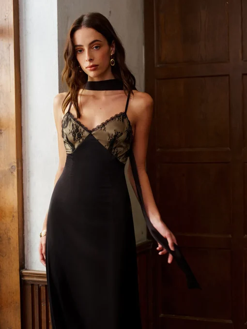 COMMENSE Dresses^Backless Long-Ribbon Lace Panel Satin Cami Dress Black