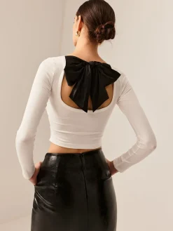 COMMENSE Crop Tops|T-shirts^Backless Pleated Bow Crop T-Shirt White
