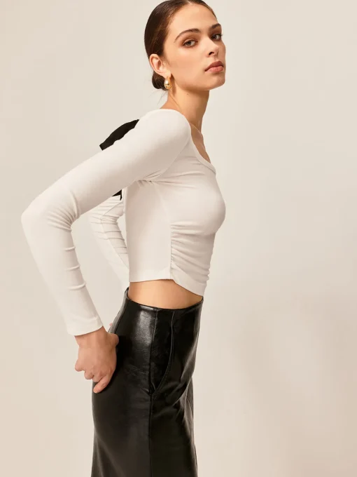 COMMENSE Crop Tops|T-shirts^Backless Pleated Bow Crop T-Shirt White