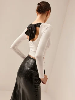 COMMENSE Crop Tops|T-shirts^Backless Pleated Bow Crop T-Shirt White