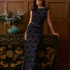 COMMENSE Skirt Sets|Long Sleeve Sets^Backless Velvet-Floral Pleated Skirt Set Black